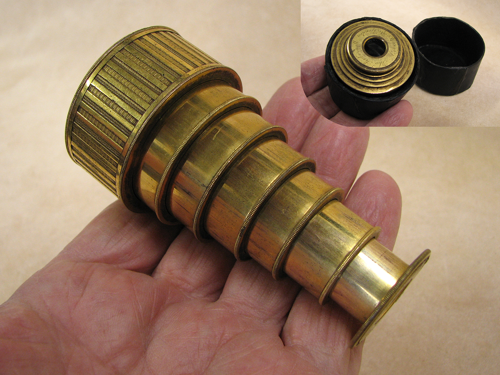 19th century Thomas Rubergall 6 draw brass monocular spyglass, circa 1820